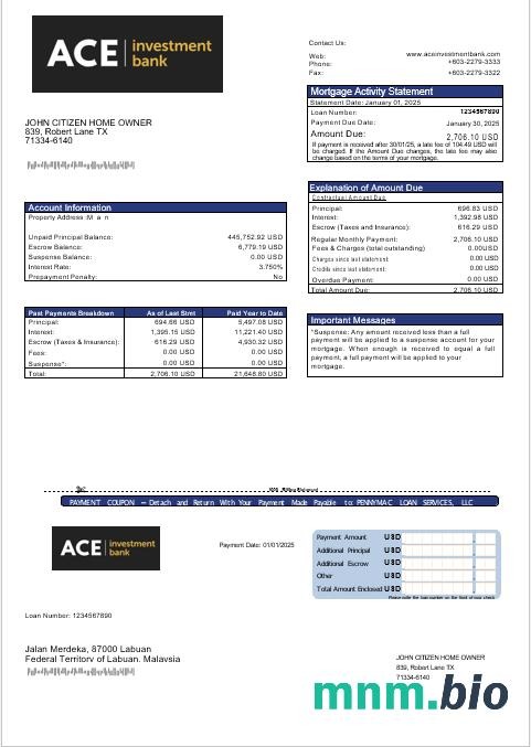 USA ACE Bank wyciąg z kredytu hipotecznego w formatach Word i PDF
